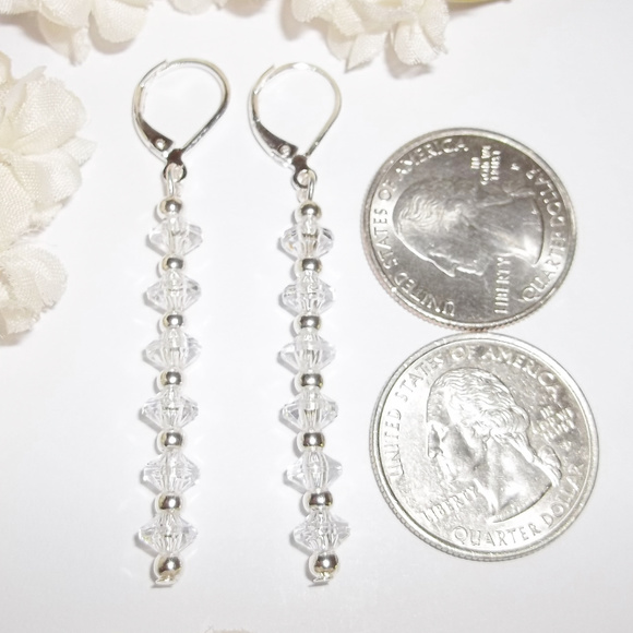 Long Earring Set Clear & Silver Beaded Drop Sleek Dangle Drop Gift Idea 4638 - Picture 3 of 7